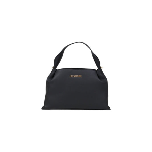 Photo of Love Moschino black handbag with detachable wide logo shoulder strap, gold logo detail, and top handle.