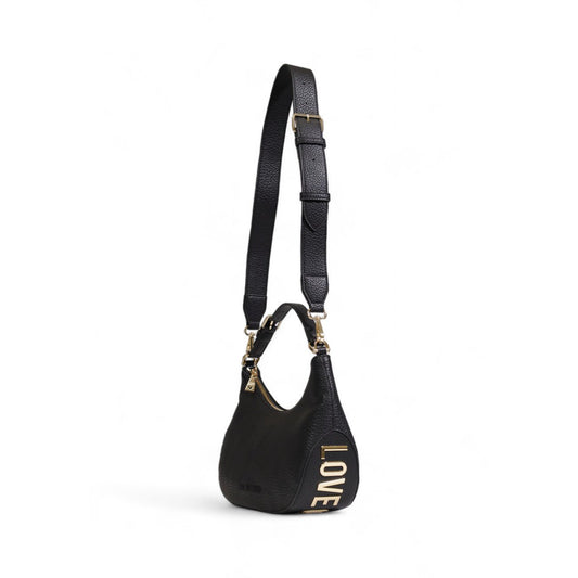 Love Moschino black shoulder bag with wide adjustable strap and gold LOVE MOSCHINO detail, side view