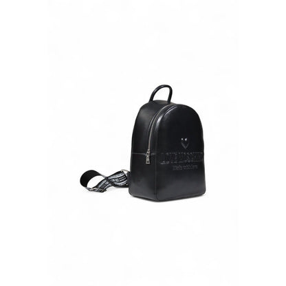 Minimalist Love Moschino backpack in black leather, side view with logo details.