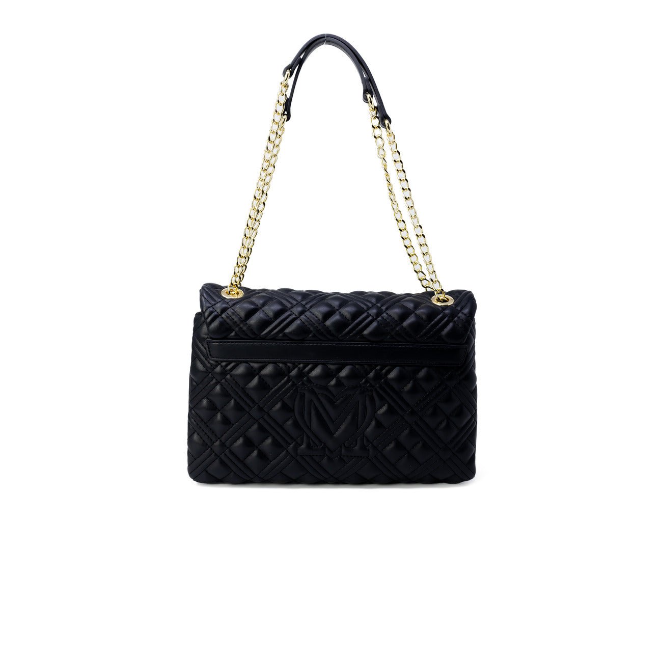 Back view of Love Moschino handbag in black quilted design with gold-tone chain straps.