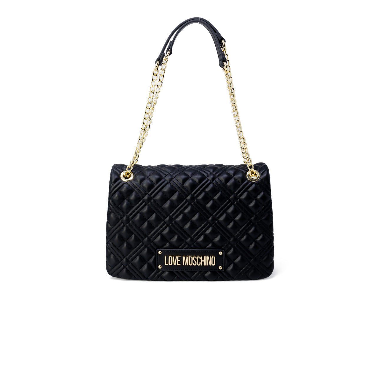 Love Moschino black quilted shoulder bag with gold chain handles, front view.