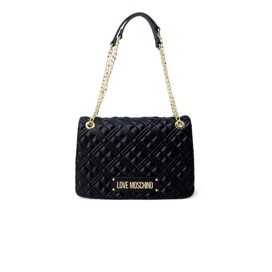 Love Moschino black quilted shoulder bag with gold chain handles, front view.