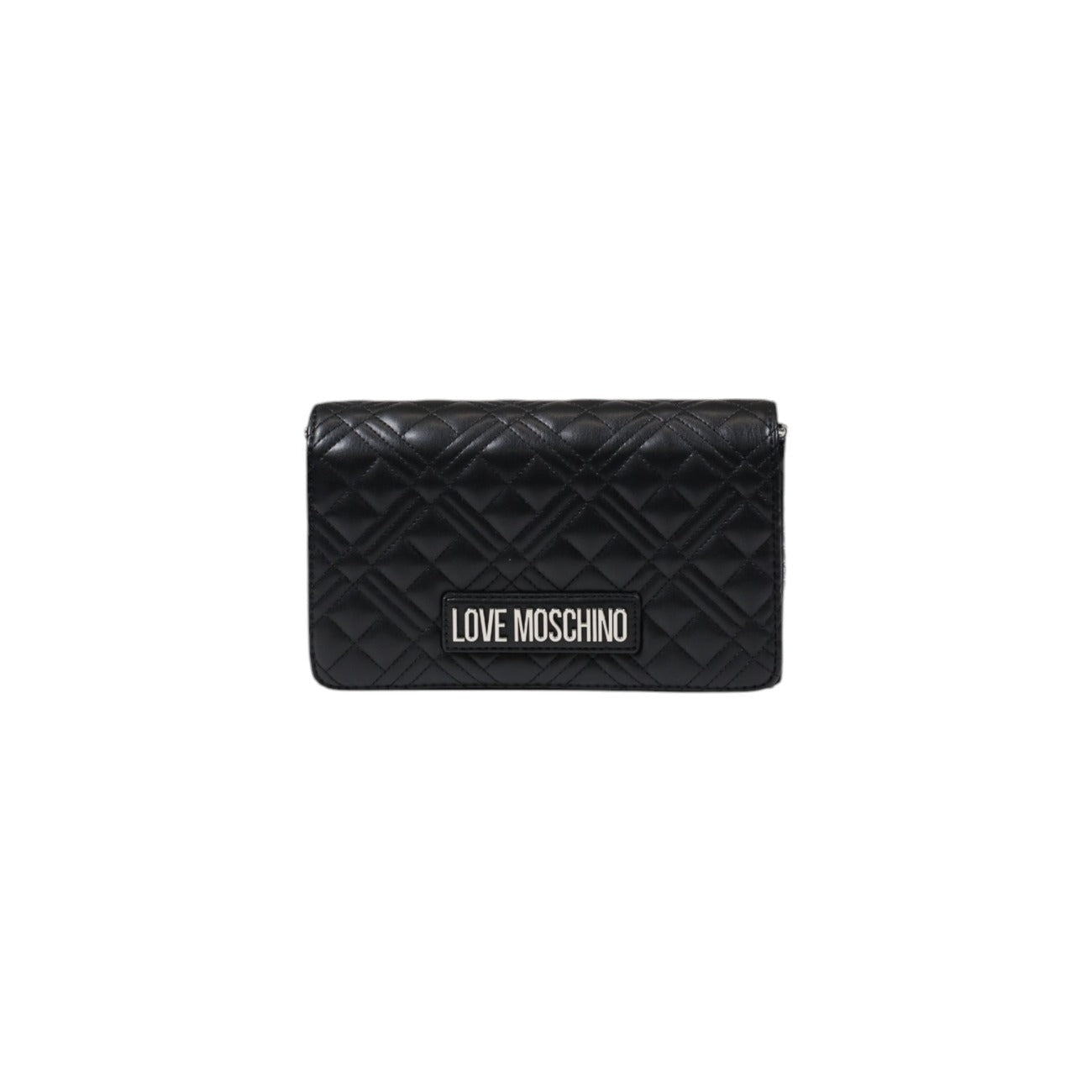 Front view of Love Moschino quilted grey handbag with silver chain strap.