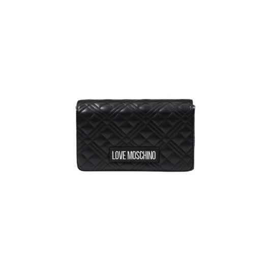 Front view of Love Moschino quilted grey handbag with silver chain strap.