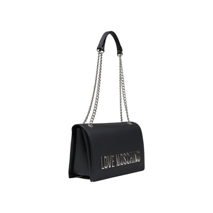 Love Moschino grey monochrome shoulder bag with silver chain strap, another side view showing structured silhouette and bold front logo.