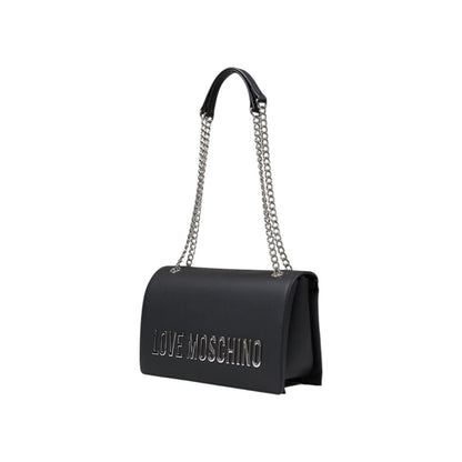 Love Moschino grey monochrome shoulder bag with silver chain strap, side view showing structured silhouette and bold front logo.