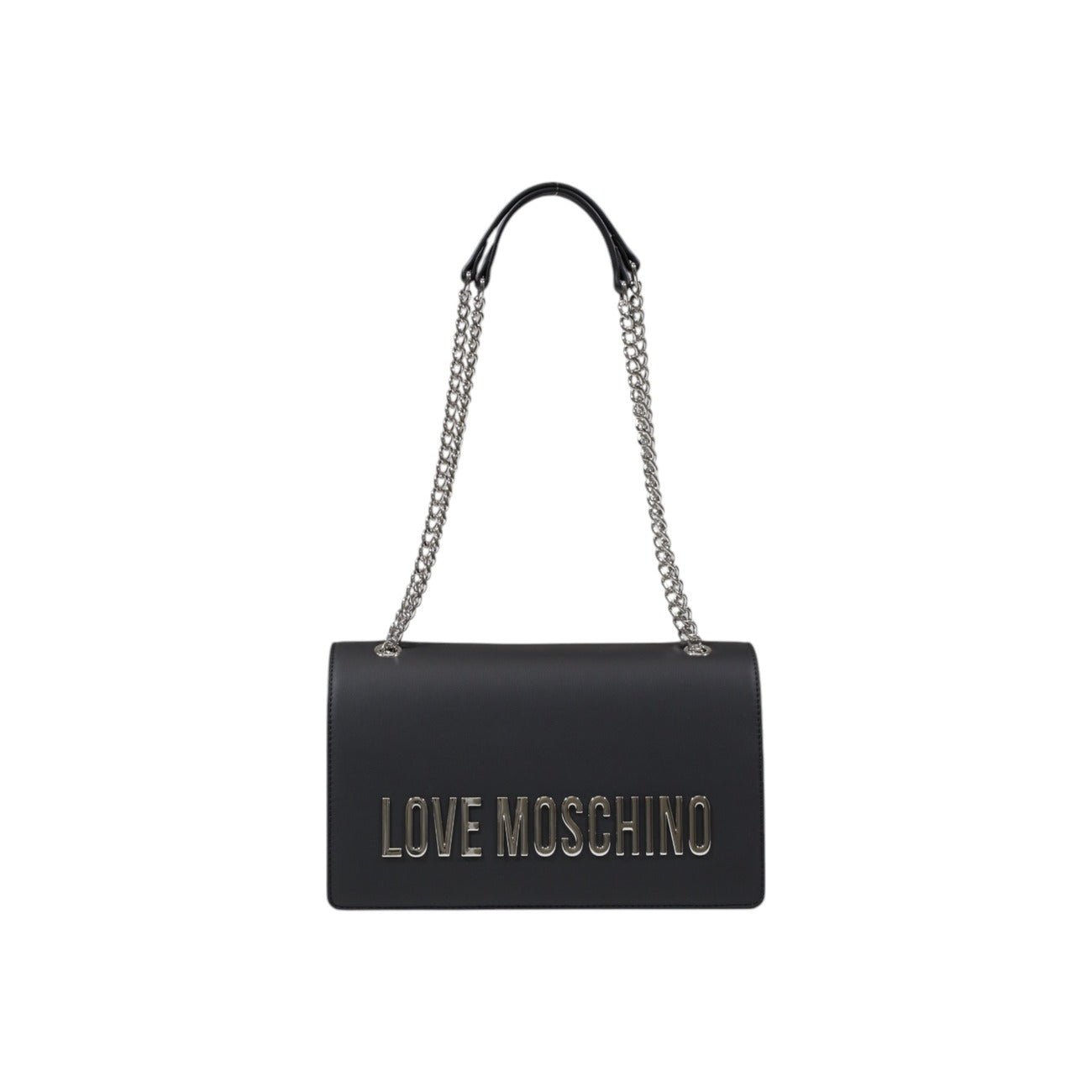 Front of Love Moschino grey monochrome shoulder bag with silver chain strap.