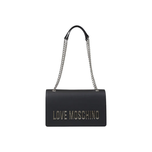 Front of Love Moschino grey monochrome shoulder bag with silver chain strap.