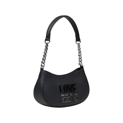 Side view of Love Moschino grey handbag with silver-tone chain strap and bold front logo, Spring/Summer collection.