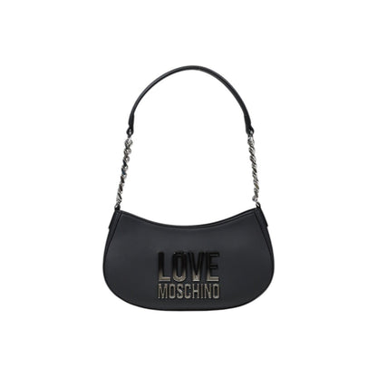 Front of Love Moschino grey handbag with silver-tone chain strap and bold front logo, Spring/Summer collection.