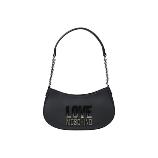 Front of Love Moschino grey handbag with silver-tone chain strap and bold front logo, Spring/Summer collection.
