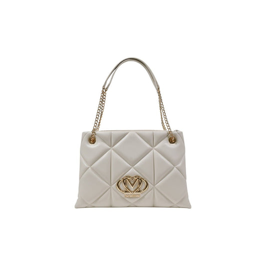 Chic quilted handbag by Love Moschino with gold logo and chain strap. Available in black or beige.