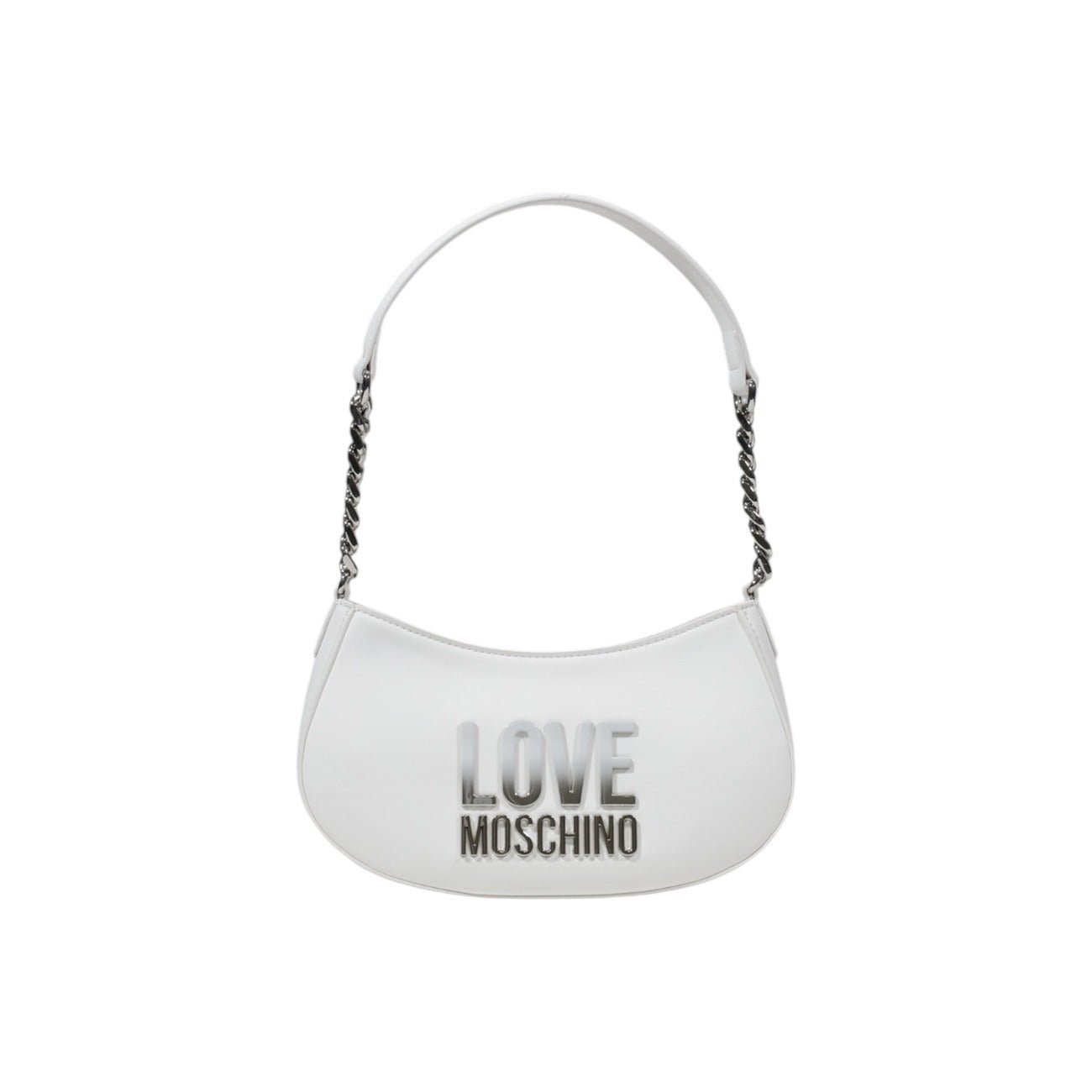 Front of Love Moschino white handbag with silver-tone chain strap and bold front logo, Spring/Summer collection.

