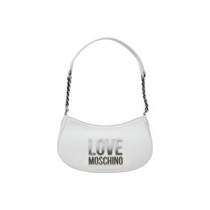 Front of Love Moschino white handbag with silver-tone chain strap and bold front logo, Spring/Summer collection.

