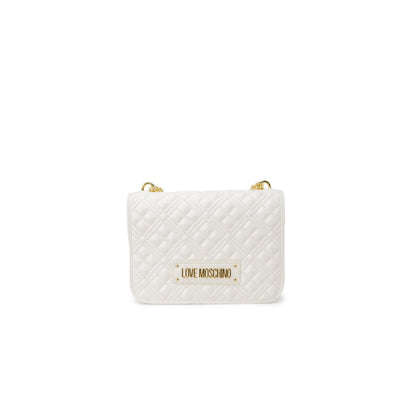Love Moschino white quilted bag side view with gold chain and luxury detailing.