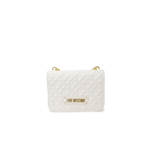 Love Moschino white quilted bag side view with gold chain and luxury detailing.