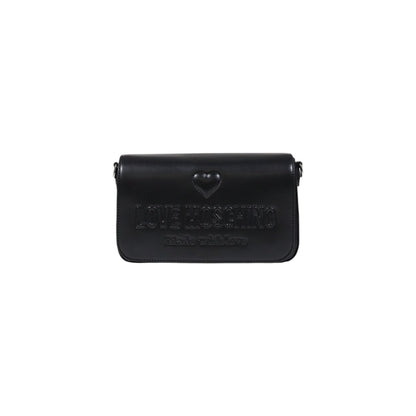 Front view of Love Moschino black shoulder bag with logo strap and embossed heart detail