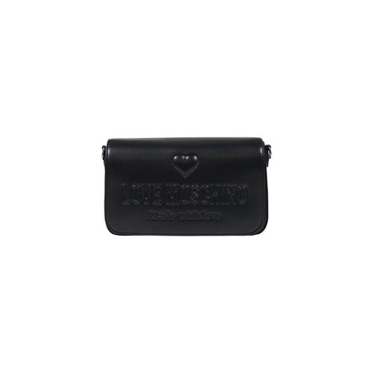 Front view of Love Moschino black shoulder bag with logo strap and embossed heart detail