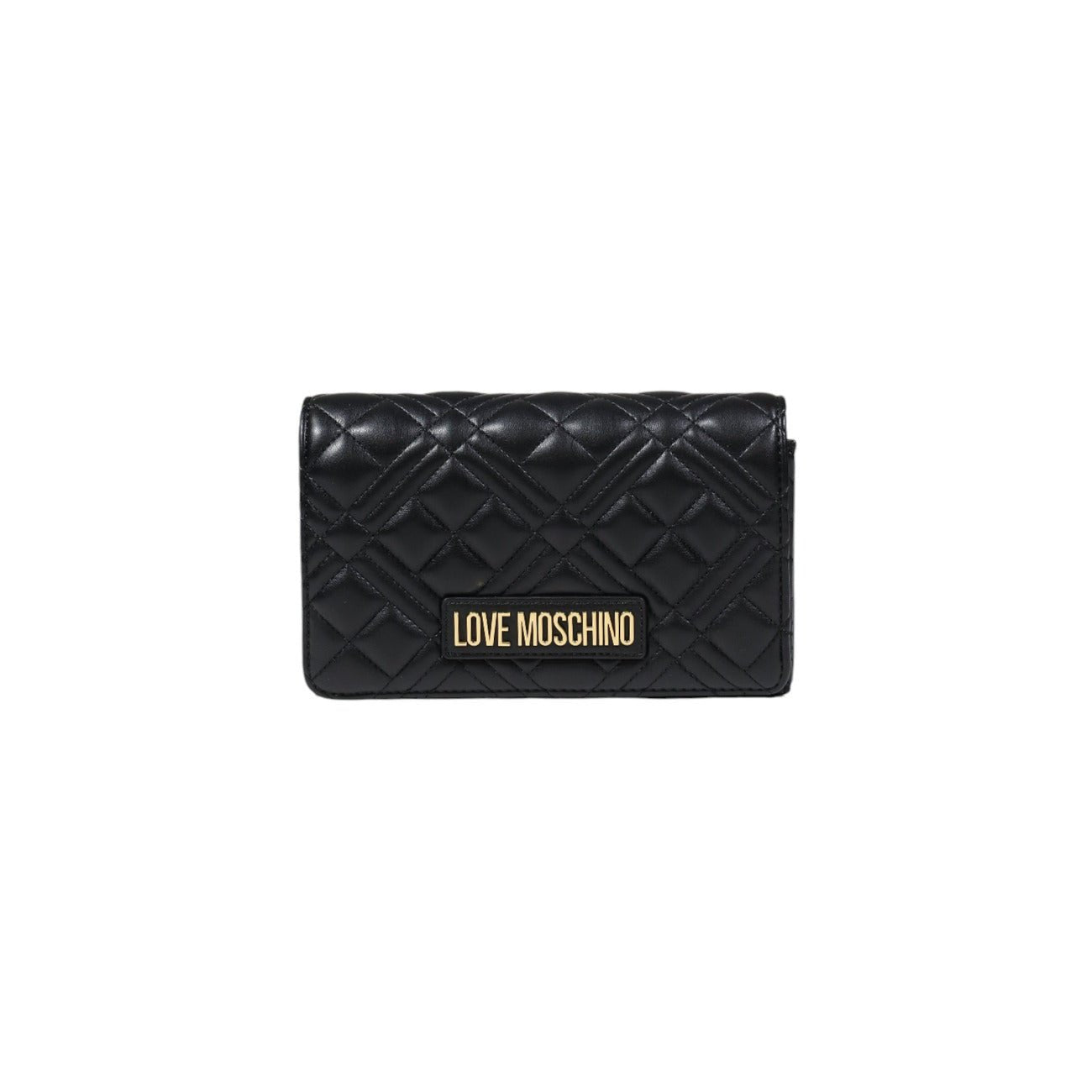 Love Moschino black quilted shoulder bag with clip closure and gold logo. 