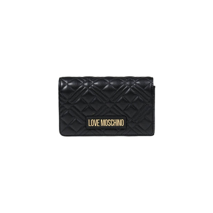 Love Moschino black quilted shoulder bag with clip closure and gold logo. 