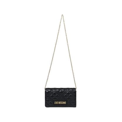 Sophisticated Love Moschino black quilted shoulder bag with clip closure and gold logo.