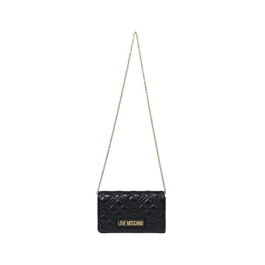 Sophisticated Love Moschino black quilted shoulder bag with clip closure and gold logo.