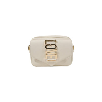 White Love Moschino crossbody bag with adjustable strap and gold "LOVE" lettering in front view.