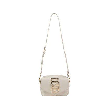 White Love Moschino crossbody bag with adjustable strap and gold "LOVE" lettering.