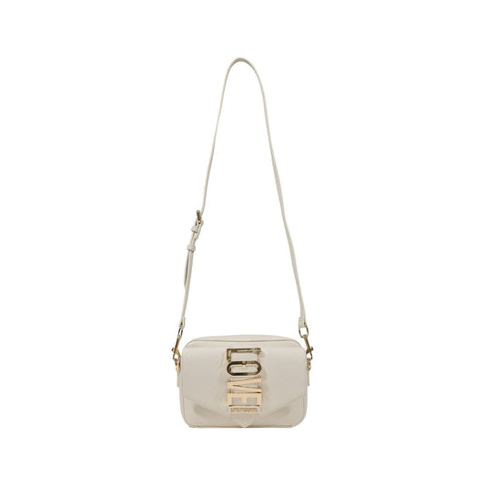 White Love Moschino crossbody bag with adjustable strap and gold "LOVE" lettering.
