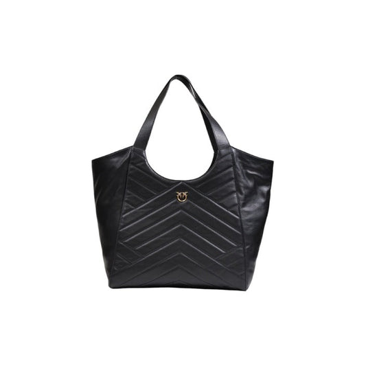 Women’s spacious black tote by Pinko in genuine leather with quilted details, front view.
