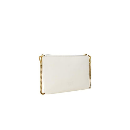 Back view of Pinko Love Icon Bag in beige leather with gold chain strap and Pinko emblem on the front