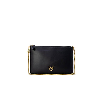 Front view of Pinko Love Icon Bag in black leather with gold chain strap and Pinko emblem on the front