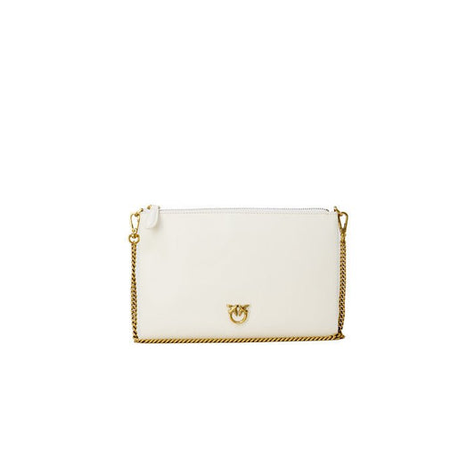 Front view of Pinko Love Icon Bag in beige leather with gold chain strap and Pinko emblem on the front